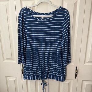 J.Jill Linen Blend Stripe Boat Neck Top 3/4 Sleeve Drawstring Hem Womens Size XL